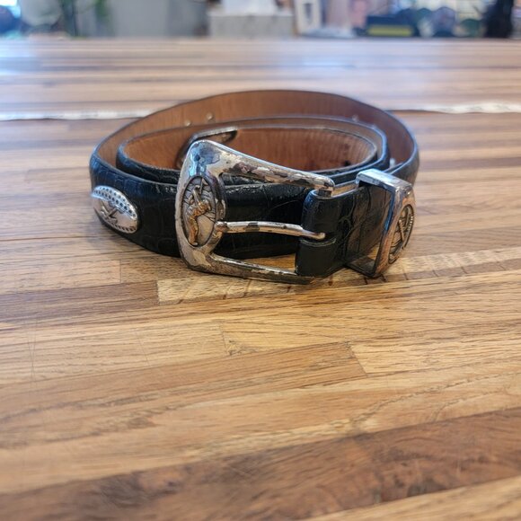 Black Leather Golf Embossed Medallions Croc Print Belt - Picture 13 of 16